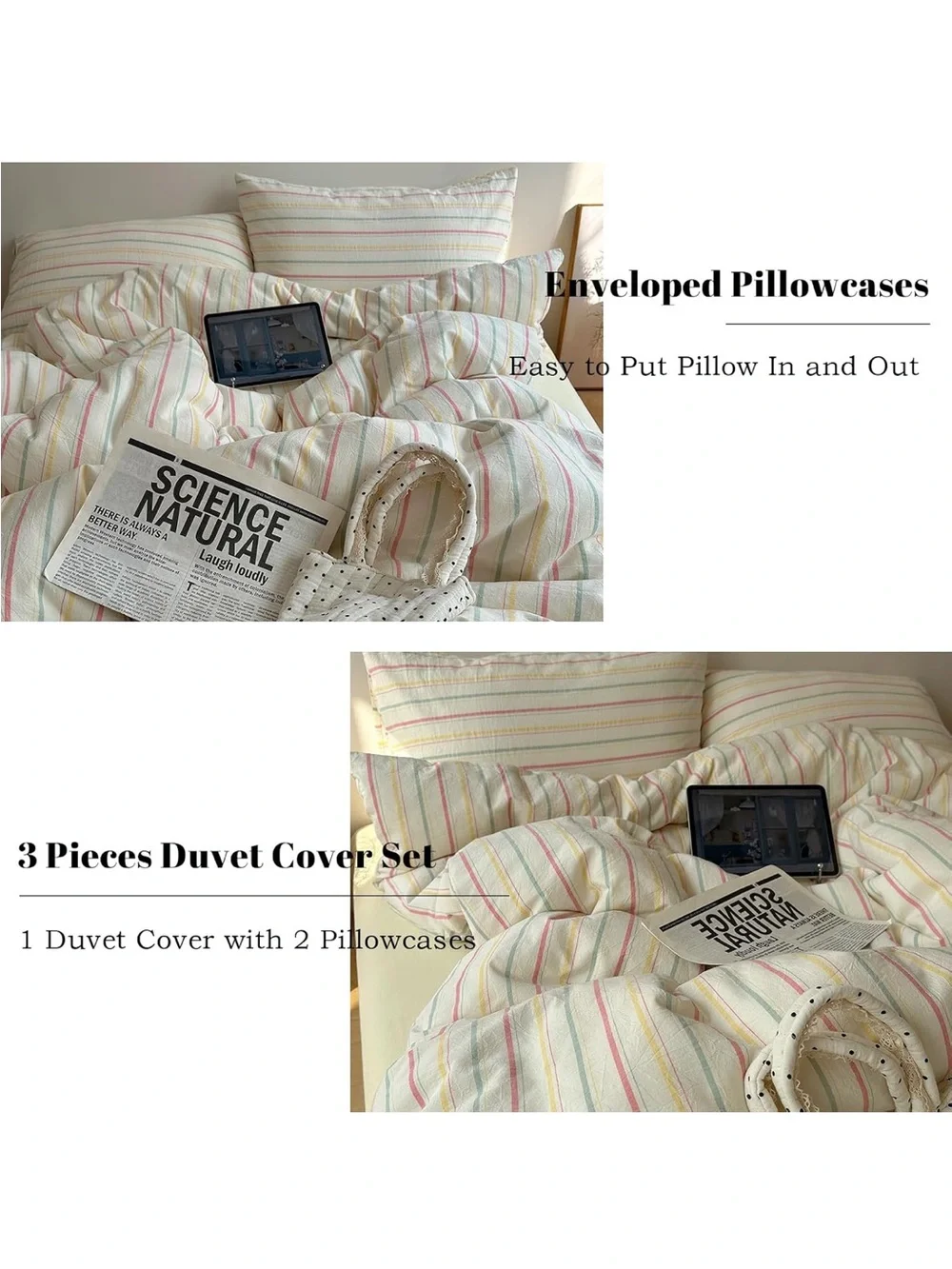 NEW Colorful 100% Cotton Striped Duvet Cover Pink Green Yellow, 3-Piece. Full